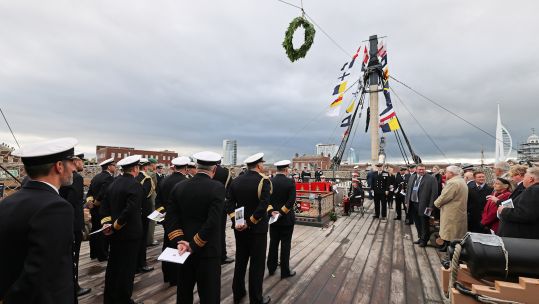 A view from the Quarter Deck of HMS Victory looking forward during the Trafalgar Day Ceremony (Picture: MOD).