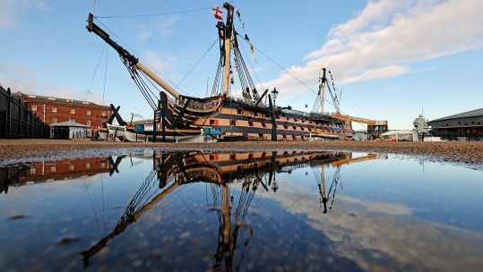 A view of HMS Victory from HMNB Portsmouth showing the flag signal raised during the Battle of Trafalgar in 1805 England Expects That Every Man Will Do His Duty after Trafalgar Day Ceremony 211021 CREDIT MOD.jpg
