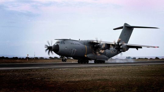 A400M 'City of Bristol' arrives at RAF Akrotiri on the evening of Tue 3 Mar on its first operational flight while still undergoing experience trials prior to working up to full operational readiness 2015 credit MOD.jpg