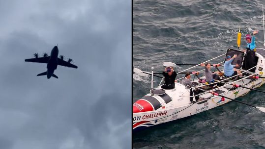 A400M Atlas flies over all-female rowing team circumnavigating Great Britain 07072023 CREDIT royalairforcebrizenorton
