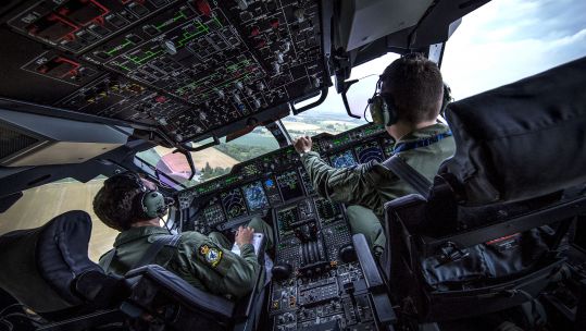 RAF pilots inside an A400M transport aircraft (Picture: MOD).