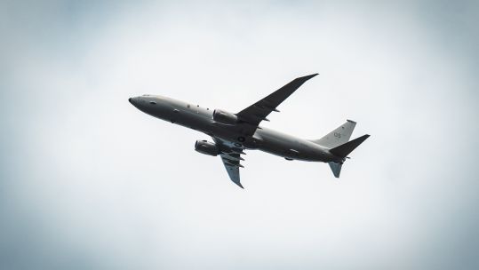 A P-8A Poseidon MRA1 aircraft from RAF Lossiemouth flew over the site in Northern Ireland where RAF Castle Archdale once stood