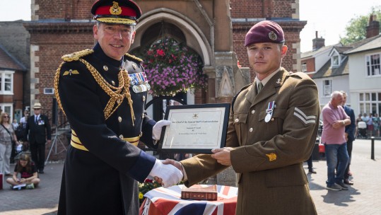 Corporal Lovell, 29,who gave lifesaving first aid to the victim of a stabbing, has received a Chief of the General Staff’s Commendation.