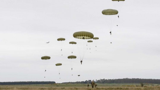 Soldiers from 2 PARA Battlegroup jump into Stanta at the culmination of Exercise Joint Warrior from a C130 Aircraft, from Wattisham