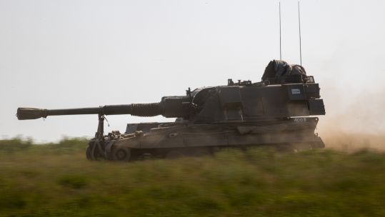 AS90 Self-Propelled Artillery moving at speed to target during Exercise Iron Storm (Picture: UK MOD/ Crown copyright 2022). 
