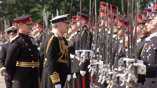 Admiral Sir Tony Radakin inspecting Officer cadets at Sandhurst 090824 CREDIT BFBS
