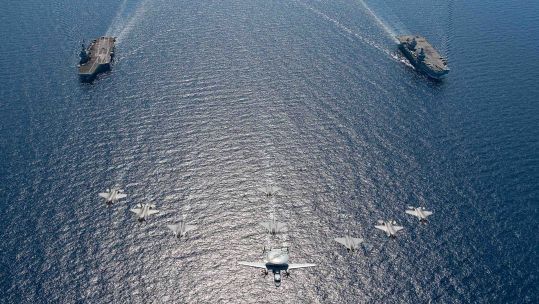 Aerial of HMS Queen Elizabeth and France's Charles de Gaulle aircraft carrier