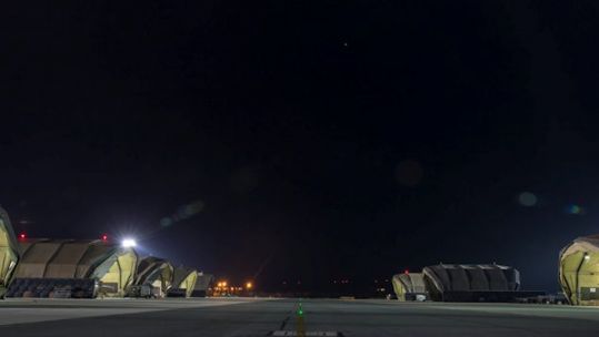 Aircraft hangars at night at RAF Akrotiri