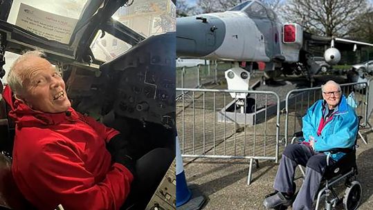 Alan Sansom (right) and John Orminston (left) surprised with trip to see planes they flew as RAF pilots 23032023 NO REUSE CREDIT PA WIRE,PA IMAGES