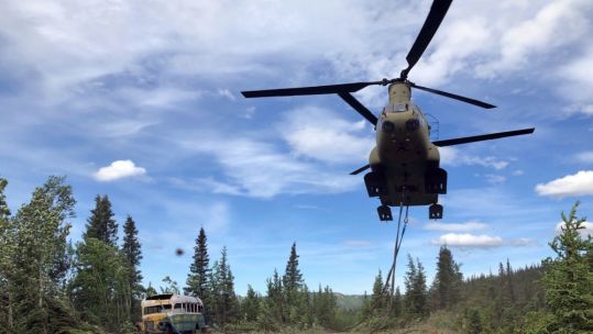 Alaska Army National Guard Soldiers a extract Into The Wild bus via a CH-47 Chinook helicopter over Healy, Alaska on 18th June 190620 CREDIT Courtesy of Alaska National Guard 2