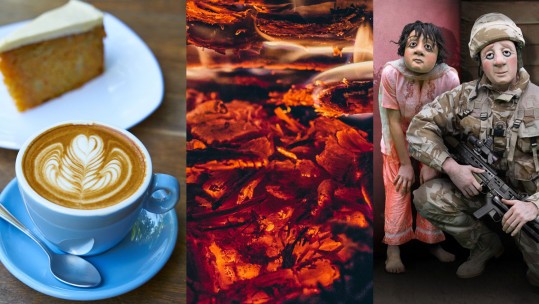 Blue Coffee Cup Carrot Cake Fire Walking Embers Soldier Child Masks Gun Credit pexels.com for 1 & 2 the last one A Brave Face