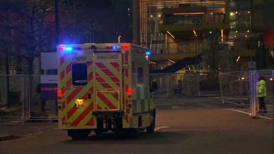 Ambulance arrives at NHS Nightingale London with first patients.