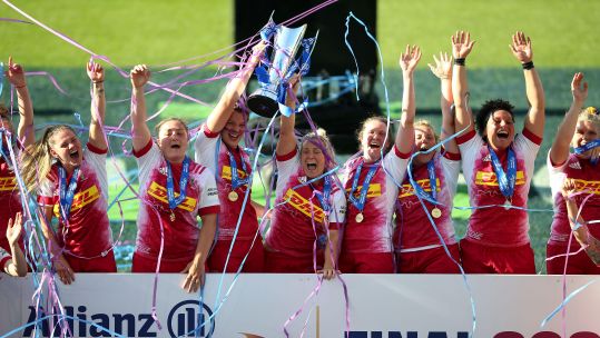 Amy Cokayne among Harlequins players celebrating with Premier 15s trophy