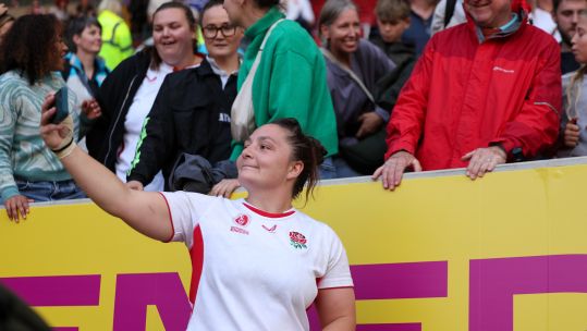 Amy Cokayne taking selfies after England beat France Rugby World Cup Credit Alligin Photography slash Cat Goryn Date 20092025.jpg