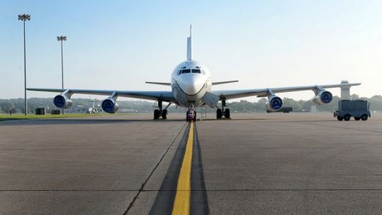 An Open Skies aircraft parked on a ramp at Offutt Air Force Base, Nebraska 140918 CREDIT US Department of Defense