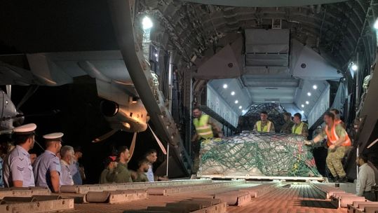 An RAF Atlas aircraft delivering a military aid package to Pakistan following the floods in the country