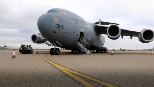 An RAF C-17 Globemaster aircraft is prepared to take aid to Ukraine (Picture: RAF).