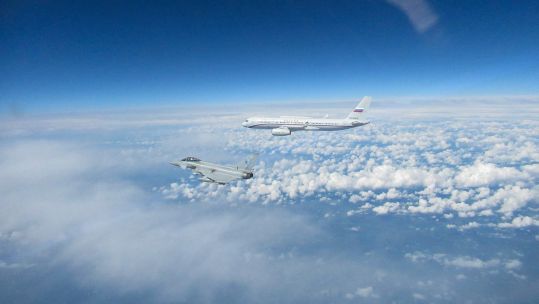 RAF Typhoon intercepts a Russian Tu-214 command and control aircraft while on deployment to Estonia 