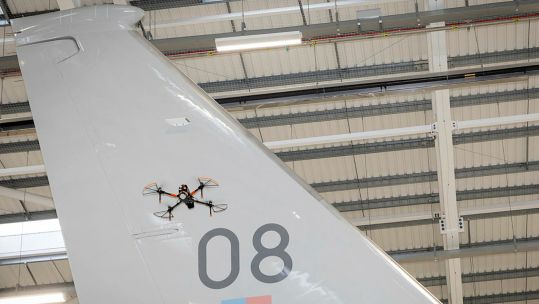 An RAF project examining whether a drone can carry out an inspection of an aircraft before and after flight (Picture: MOD).