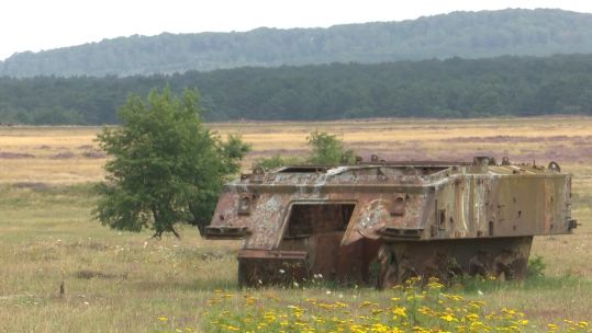 An armoured vehicle used as a hard target on Sennelager Ranges, Germany 
