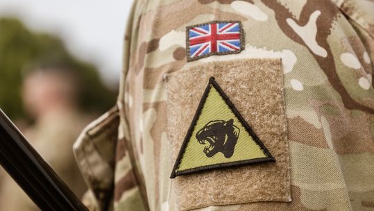 Anonymous 1st UK Division 19th Brigade badge on uniform British Army JULY 2022 CREDIT British Army