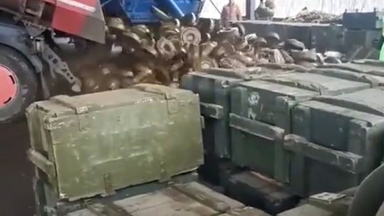 Anti-tank mines appear to be unloaded from a Ukrainian dump truck (Picture: Ukrainian Armed Forces).