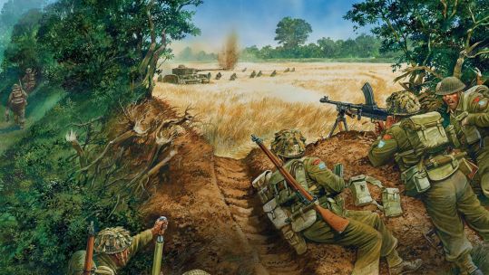 Illustration of World War 2 Canadian infantry attacking a tank