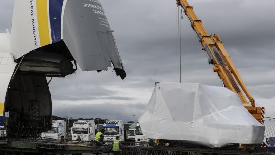 Antonov AN-124 cargo aircraft offloads new Operational Flight Trainer from Florida to Glasgow Prestwick Airport before it heads to RAF Lossiemouth 