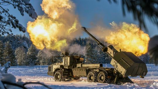 Archer Mobile Howitzer fires 155mm round during exercise in Sweden 250124 CREDIT MOD
