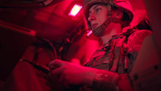 A soldier activates the laser from inside the Wolfhound tactical support vehicle (Picture: Raytheon UK)