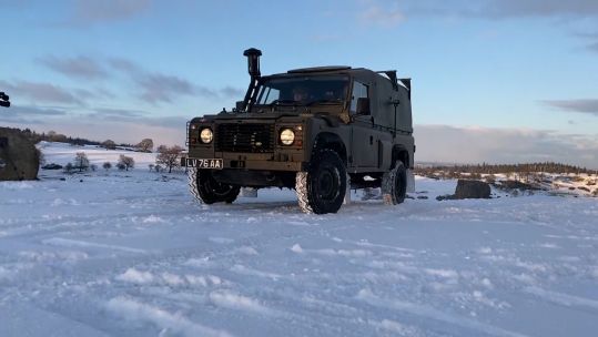 Army Reserve Land Rover vehicle in the snow on Exercise Yorkshire Strike in north of england DATE UNKNOWN filed on 230221 CREDIT BFBS
