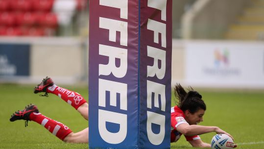 Army and St Helens rugby league player Carrie Roberts scores a try in the Challenge Cup semi-final for St Helens