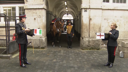Army horse Basil picks Euro 2020 final winner at Horse Guards Parade 080721 CREDIT BFBS