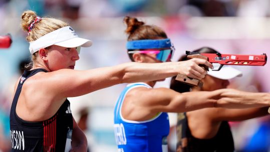 Army reservist Second Lieutenant Kerenza Bryson laser pistol shooting Women's Modern Pentathlon Paris Olympic Games, Image ID 2XRKHD7 110824 CREDIT PA Images, Alamy Stock Photo