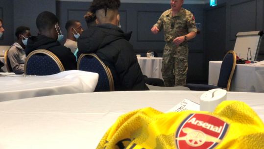 Arsenal players taking part in resillience and leadership training with the Royal Navy and Royal Marines in Plymouth