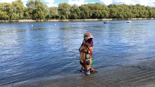 Ash Alexander-Cooper, a former paratrooper, completed a virtual marathon to raise money for the charity 'Support Our Afghans' and ran the entire distance dressed in a dinosaur suit