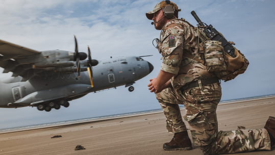 Atlas A400M beach landing training at Pembrey Sands in West Wales 140623 CREDIT RAF