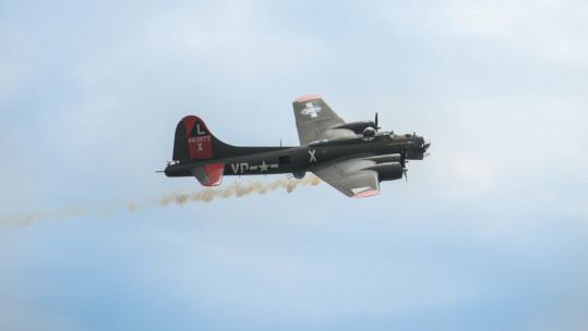  B-17 Flying Fortress simulates battle damage during the Wings Over Whiteman air show 031019 CREDIT US Dept Defense.jpg