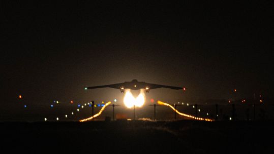 A US B-2 bomber takes off for a strike on Iran