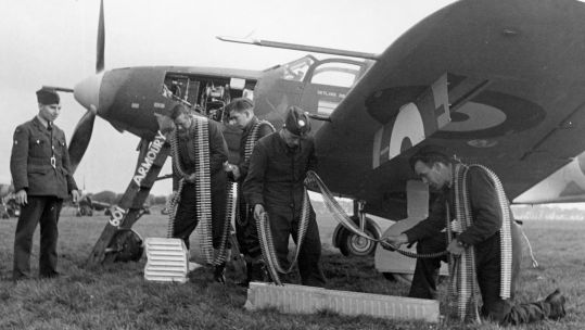 601 Squadron fighter command loading ammunition onto the American Airacobra fighter plane October 1941