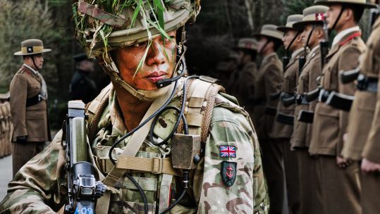 Pictures of a Gurkha in the British Army and of Gurkhas on the parade ground