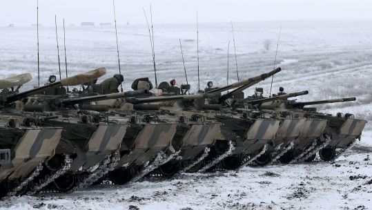 BMP-3 infantry fighting vehicles of the Russian Southern Military District's 150th Rifle Division take part in a military exercise at Kadamovsky Range in January (Picture ITAR-TASS News Agency/Alamy Stock Photo).