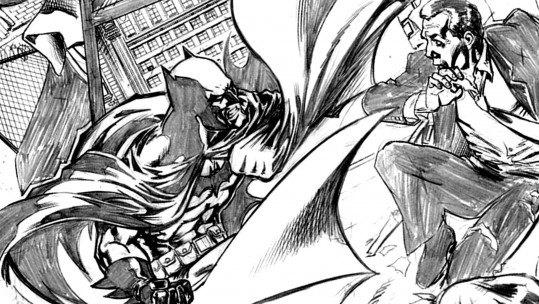 black and whit image of Batman by Mike Collins Copyright DC ENTERTAINMENT
