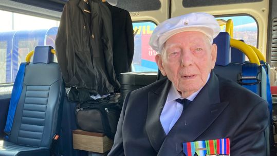Battle of the Atlantic veteran Frank Cooper interviewed by Alex Candlin in Liverpool for commemorations.