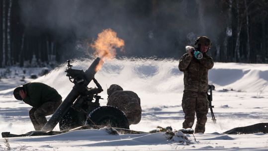 Belgian Armed Forces mortarmen fire a 120-millimeter Rapide Tir Français French mortar during the Ramming Bull exercise 01122023 CREDIT US Dept of Def