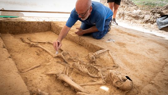 Belgian archaeologist Dominique Bosquet works on one of the skeletons found at Waterloo