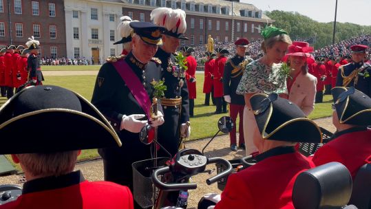Belgium's King Philippe and Queen Mathilde talking to Chelsea Pensioners on Founder's Day 08062023 CREDIT BFBS.jpg