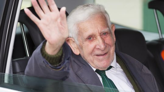 Image ID: G73FFE: Bernard Jordan pictured in June 2014 as he returned to Portsmouth on a Brittany Ferry after his trip to Normandy for D-Day commemorations (Picture: Chris Ison / Alamy).
