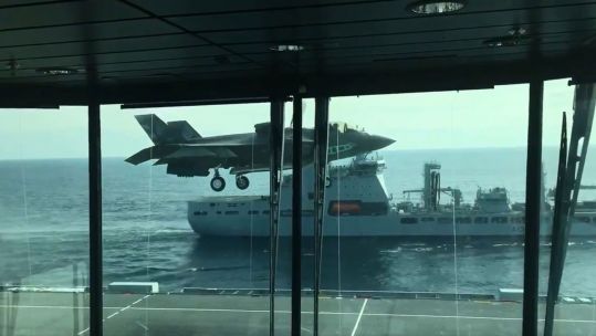 Lockheed Martin F-35 Lightning II HMS Queen Elizabeth RFA Tidespring Screen Grab Twitter Video