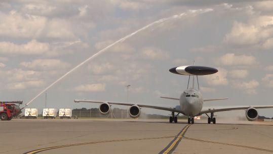 Boeing E-3D Sentry returns to its base at RAF Waddington having flown its last operational flight